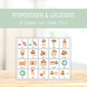 Puede incluir: Un conjunto de 20 tarjetas PECS para preposiciones y ubicaciones. Cada tarjeta presenta un búho de dibujos animados y una palabra correspondiente, como "arriba", "abajo" y "detrás". El título "Preposiciones y ubicaciones" se muestra en la parte superior.