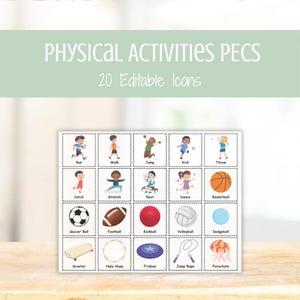 May include: A set of 20 editable icons illustrating physical activities. The images include children running, walking, jumping, kicking, throwing, catching, stretching, resting, and dancing. Sports equipment like basketballs, soccer balls, and jump ropes are also shown.
