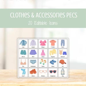 Op de afbeelding: Een visuele gids getiteld "CLOTHES & ACCESSORIES PECS" met 20 bewerkbare pictogrammen. De illustraties tonen verschillende kledingstukken, waaronder een jas, jasje, blouse, t-shirt, broek, korte broek, rok, jurk, pyjama en badpak.