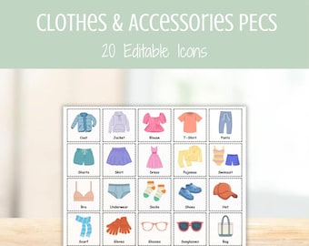 Roupas e Acessórios - Cartões PECS — Recursos Visuais Editáveis de CAA (Comunicação Aumentativa e Alternativa), Cartões de Comunicação Não Verbal para Autismo, Quadro de Comunicação Visual para Educação Especial