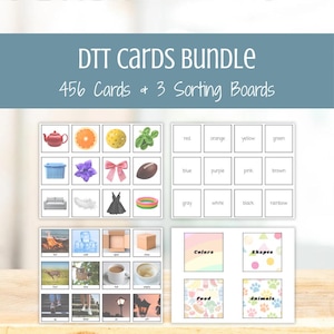 May include: A bundle of DTT cards with 456 cards and 3 sorting boards. The cards feature images of various objects, colors, and shapes. The text on the image reads "DTT Cards Bundle" and "456 Cards + 3 Sorting Boards."