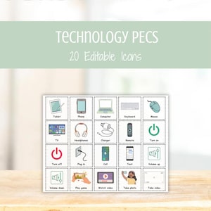 May include: A set of 20 editable technology icons, including a tablet, phone, computer, and headphones. The image has the text "TECHNOLOGY PECS" and "20 Editable Icons" at the top. The icons are arranged in a grid.