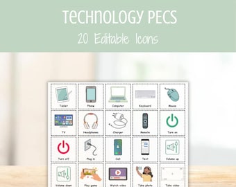 Cartões PECS de Tecnologia — Recursos Visuais Editáveis de CAA (Comunicação Aumentativa e Alternativa), Cartões de Comunicação Não Verbal para Autismo, Quadro de Comunicação Visual para Educação Especial