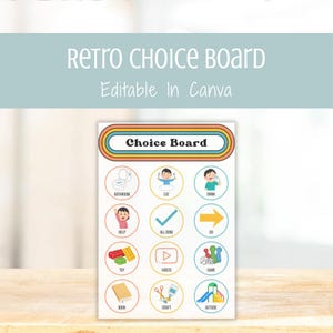 Könnte beinhalten: Ein farbenfrohes "Choice Board" mit dem Text "Retro Choice Board" und "Editable In Canva". Das Board zeigt Symbole für verschiedene Aktivitäten wie Badezimmer, Essen, Trinken, Hilfe, Spielzeug, Videos, Spiel, Buch, Basteln und Draußen.