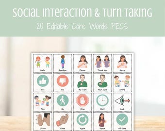 Social Interactions Core Words PECS Cards — Editable AAC Visuals, Autism Nonverbal Communication, Special Education Communication Board