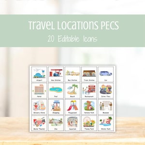 May include: A set of 20 editable PECS (Picture Exchange Communication System) cards featuring travel locations. Includes illustrations of an airport, gas station, bus station, train station, car, hotel, pool, beach, and more. The text "Travel Locations PECS" is at the top.