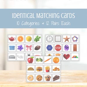 Può includere: Carte di abbinamento con varie immagini, tra cui una teiera, una fetta d'arancia, un orologio e un segnale di stop. Le carte sono disposte in una griglia, con il testo "IDENTICAL MATCHING CARDS" e "10 Categories + 12 Pairs Each" in alto.