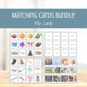 May include: A set of matching cards featuring images and colour names. The cards display illustrations of items such as a teapot, orange slice, and a bow. The text "MATCHING CARDS BUNDLE" and "456 Cards" are at the top.