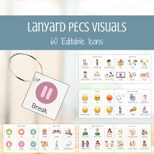 Peut inclure: Ensemble de cartes de communication visuelle avec le texte "Lanyard PECS VISUALS" et "60 Editable Icons". Les cartes comprennent des icônes pour les besoins de base, les demandes de tâches, les sentiments et les interactions sociales. Une carte "Break" est attachée à un porte-clés argenté.