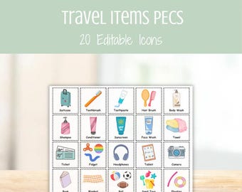 Cartões PECS para itens de viagem — Recursos visuais editáveis de CAA (Comunicação Aumentativa e Alternativa), Cartões de Comunicação Não Verbal para Autismo, Quadro de Comunicação Visual para Educação Especial