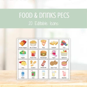 May include: A set of 20 food and drink PECS (Picture Exchange Communication System) cards. Each card features a watercolor illustration of a common food or beverage, including chicken nuggets, pizza, and water. The text "FOOD & DRINKS PECS" and "20 Editable Icons" are at the top.