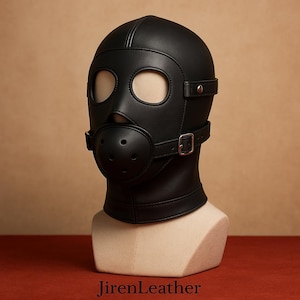 Black Leather Full Face Mask Hood: Hollow-Out Design, Adjustable Fit