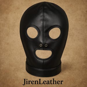 Black Leather Full Face Mask Hood: Adjustable Masquerade Headgear