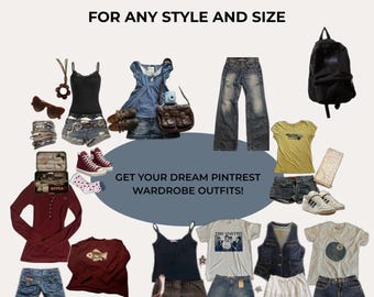 Könnte beinhalten: Eine Zusammenstellung gebrauchter Kleidungsstücke, darunter Jeans, Oberteile, Röcke und Schuhe. Das Bild zeigt eine Vielzahl von Stilen und Größen, mit dem Text "STYLE BUNDLE" und "FOR ANY STYLE AND SIZE". Der Text "GET YOUR DREAM PINTREST WARDROBE OUTFITS!" ist ebenfalls sichtbar.