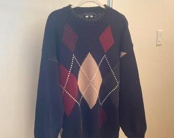 wool and gray cotton sweater argyle print mens large