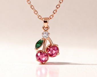 Rose Gold Sterling Silver Cherry Necklace – Dainty Minimalist Pendant