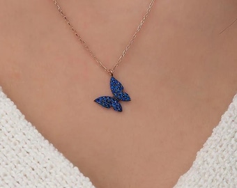 Sterling Silver Tiny Blue Butterfly Necklace: Dainty Everyday Jewelry