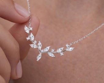 925 Sterling Silver Rhodium Plated Marquise Stone Floral Ivy Necklace – Elegant Dainty Pendant for Women