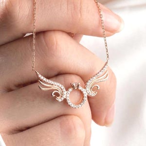 Angel Wings Halo Necklace with CZ Gemstones, Dainty Minimalist Pendant ,Rose Gold Plated 925 Sterling Silver image 1