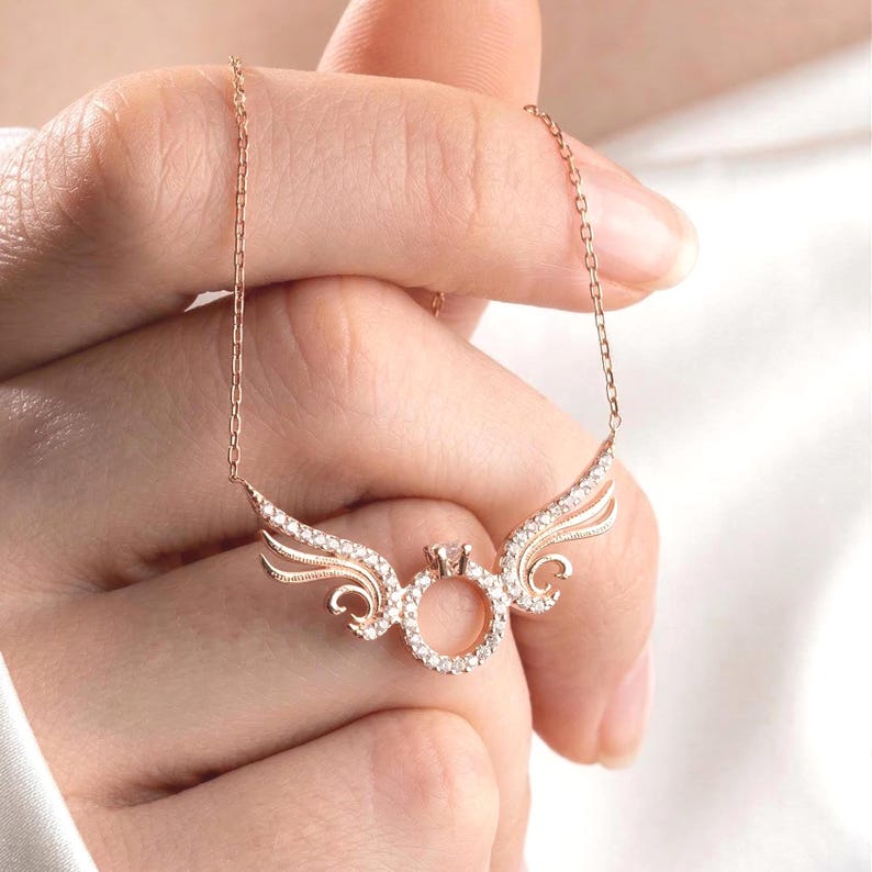 Angel Wings Halo Necklace with CZ Gemstones, Dainty Minimalist Pendant ,Rose Gold Plated 925 Sterling Silver image 1