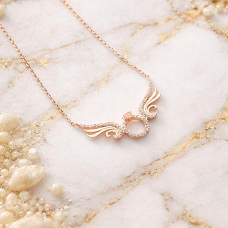Angel Wings Halo Necklace with CZ Gemstones, Dainty Minimalist Pendant ,Rose Gold Plated 925 Sterling Silver image 2