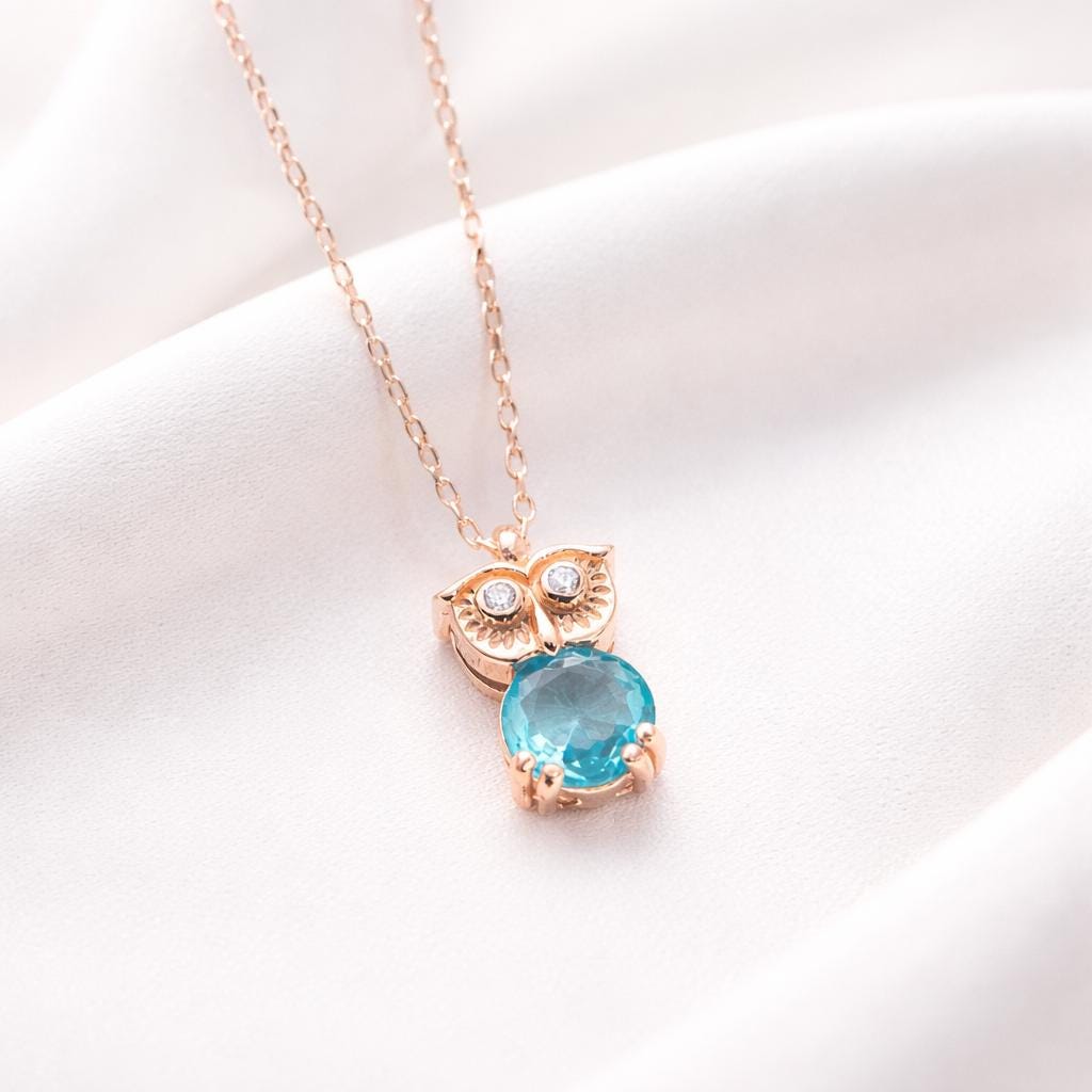 Rose Gold Plated Aquamarine Owl Necklace - 925 Sterling Silver - Whimsical Charm Pendant - Jewelry f