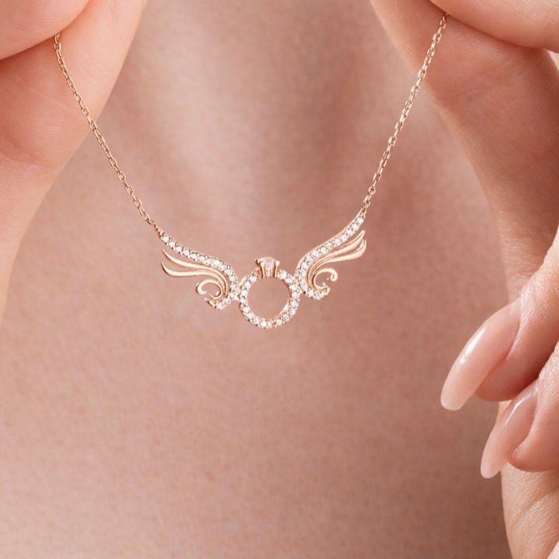 Angel Wings Halo Necklace with CZ Gemstones, Dainty Minimalist Pendant ,Rose Gold Plated 925 Sterling Silver image 3