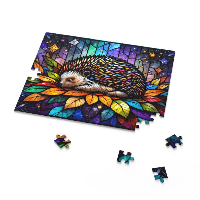 Stained Glass Puzzle (252-Piece), Hedgehog Sleeping on Rainbow Leaves ...