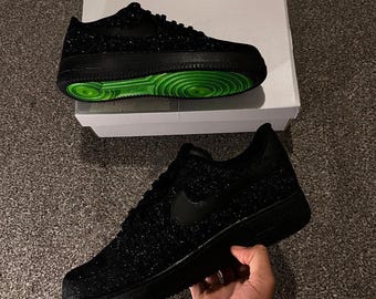 Custom Black Glitter Green Bottom Air Force 1, Custom Air Force 1, Custom Glitter Air Force 1, Custom Bling Air Force 1, All Sizes Available