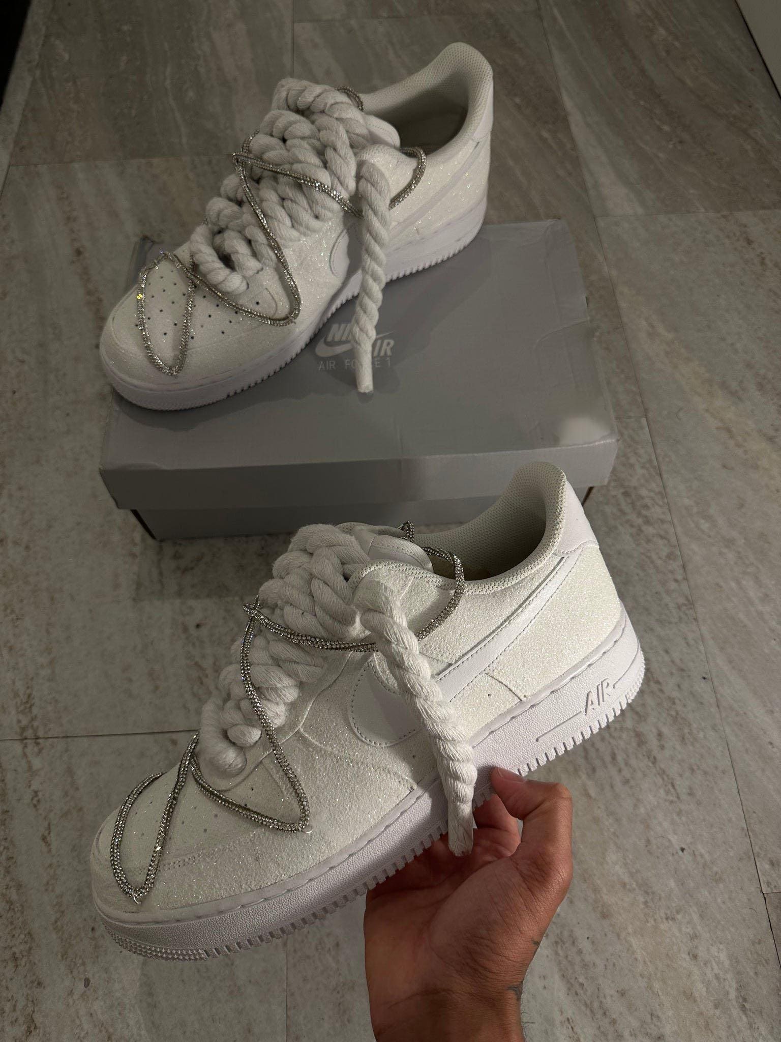Custom White Glitter Air Force 1, Custom Rope Laced Air Force 1 