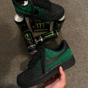 Custom Black/Green Glitter Air Force 1,Custom Rope Laced,Air Force 1,Custom Glitter Air Force 1,Custom Bling Air Force 1,All Sizes Available