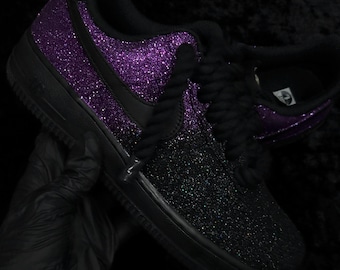 Custom Black/Purple Glitter Air Force 1, Custom Rope Laced Air Force 1,Custom Air Force 1,Custom Bling Air Force 1, Custom Purple Bottom AF1