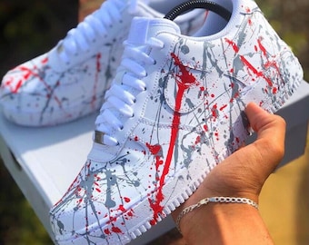 Custom Red/Gray Splatter Air Force 1, Custom Air Force 1, Custom Red/Gray Air Force 1, All Sizes Available