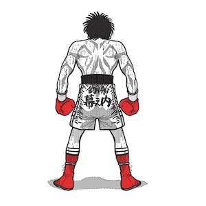 May include: Illustration of a boxer from the back, wearing red gloves and boots, and gray shorts with Japanese text. The boxer's back is detailed with sweat marks, and the image is in a comic book style.