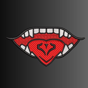 May include: Embroidered design of a mouth with sharp fangs, red interior, and a heart-shaped tongue. The design features white teeth, black outlines, and a heart with a unique symbol. The background is a gradient of black and gray.