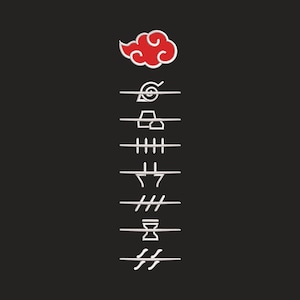 May include: Black background with a red cloud design and white symbols. The cloud is red with a white outline. Below the cloud are seven white symbols. The symbols are in a vertical line.