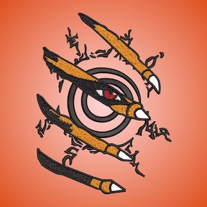 May include: Embroidered design featuring four claw-like shapes in black and orange, radiating from a central black circle with a red-eyed design. The artwork is set against an orange gradient background.