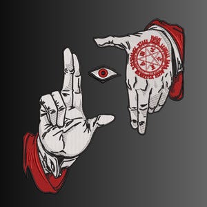 May include: An embroidered patch featuring two white hands with red cuffs forming a frame shape. The right palm displays a red circular seal with a pentagram and text, while a single red and white eye is positioned between the fingers.