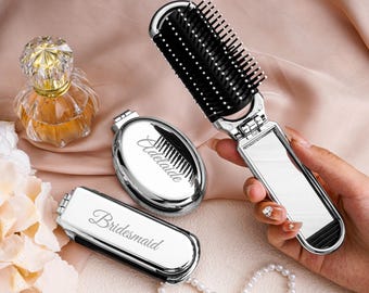 Specchio con pettine e nome inciso, regalo per damigella d'onore, specchio con pettine pieghevole personalizzato per donna, pettine tascabile personalizzato con nome, regalo di nozze per lei
