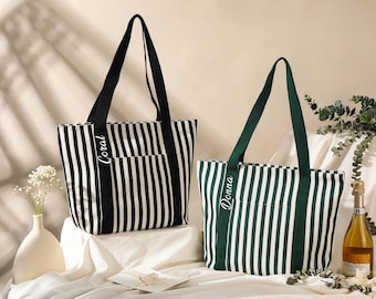 Personalized Bridesmaid Tote Bag,Bridesmaid Beach Bag,Canvas Bag,Bridesmaid Gift,Bachelorette Party Bag,Striped Tote Bag,Shoulder Tote bag