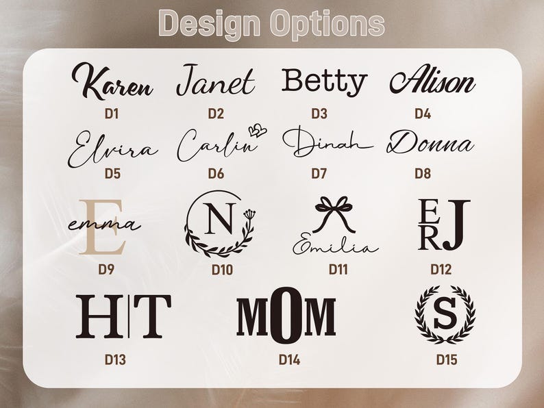 May include: A white rectangular card displays design options with various names and initials in black script and block letters. The text "Design Options" is at the top. Names include Karen, Janet, Betty, Alison, Elvira, Carlin, Dinah, Donna, and Emilia.