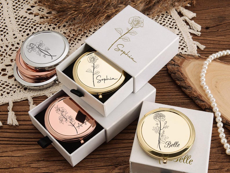Personalized Makeup Mirror with Name,Custom Bridesmaid Gifts,Engraved Pocket Mirror,Wedding Gifts,Birthday Keepsake Gifts,Bridal Party Gift image 1