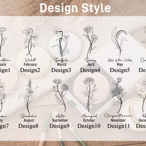 May include: An image with the text "Design Style" at the top. Below are 12 circular designs, each featuring a different flower illustration and the month it represents. The designs include Carnation, Violet, Daffodil, Daisy, Lily of the Valley, and Carnation.