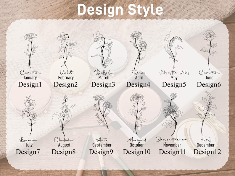May include: An image with the text "Design Style" at the top. Below are 12 circular designs, each featuring a different flower illustration and the month it represents. The designs include Carnation, Violet, Daffodil, Daisy, Lily of the Valley, and Carnation.