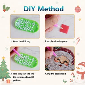 Puede incluir: Una gu&iacute;a de cuatro pasos titulada DIY Method para pintura de diamantes. Muestra una bandeja verde con cuentas blancas, un aplicador rosa aplicando pegamento en un cuadrado rojo, la recogida de una cuenta y su colocaci&oacute;n sobre una imagen de Santa Claus.