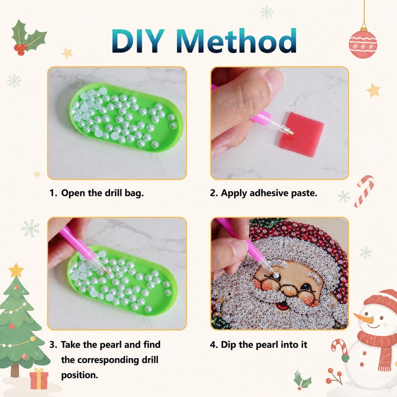 Puede incluir: Una gu&iacute;a de cuatro pasos titulada DIY Method para pintura de diamantes. Muestra una bandeja verde con cuentas blancas, un aplicador rosa aplicando pegamento en un cuadrado rojo, la recogida de una cuenta y su colocaci&oacute;n sobre una imagen de Santa Claus.