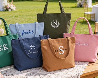 Personalisierte bestickte Cord-Tasche, Brautjungfer Geschenktasche, benutzerdefinierte Name Einkaufstasche mit Reißverschluss, Monogramm Tasche, Hochzeitsgeschenke, Schultertasche