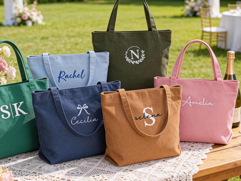 May include: A collection of personalized tote bags in various colors, including green, blue, and pink. Each bag features custom embroidery with names or initials in white script. The bags are displayed on a wooden table outdoors.