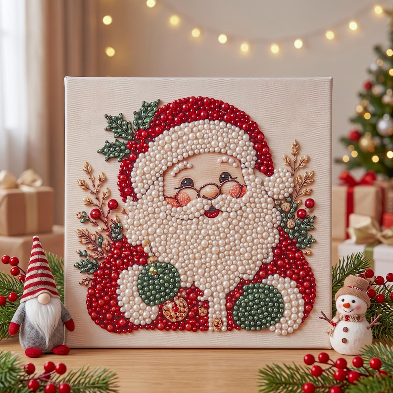 Puede incluir: Un lienzo cuadrado con un retrato de Santa Claus creado con peque&ntilde;as cuentas redondas de varios colores. El dise&ntilde;o incluye un gorro rojo, una barba blanca y detalles en verde, rodeado de ramas decorativas de acebo y bayas rojas.