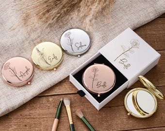 Personalized Name Wedding Gift,Custom Compact Mirror with Birth Flower,Birthday Gift,Bridesmaid Gift,Engraved Pocket Mirror,Gift for Women